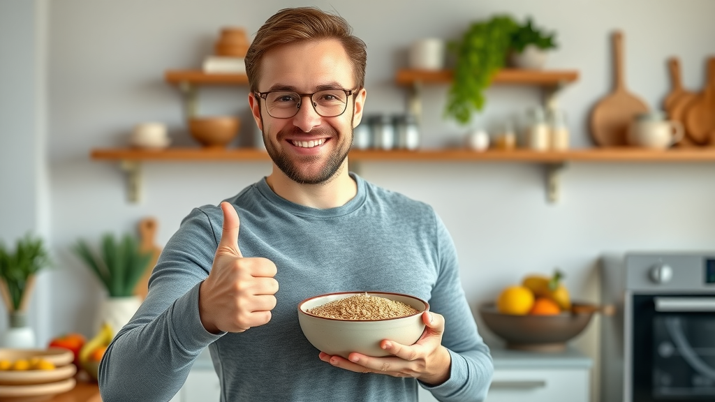 Confident adult male giving a thumbs up to flaxseed in a healthy kitchen setting