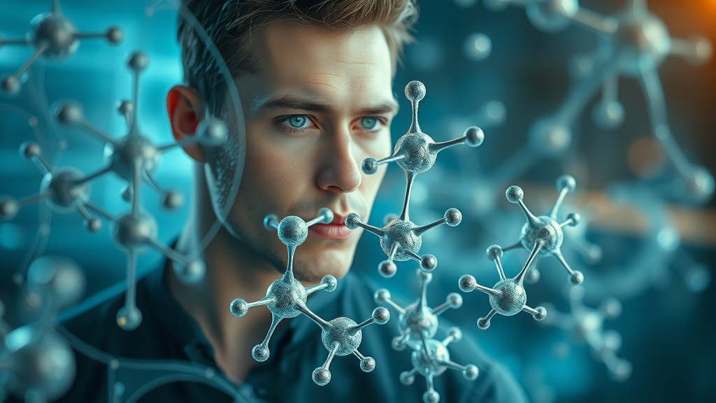 Abstract representation of male hormones interacting with flaxseed compounds