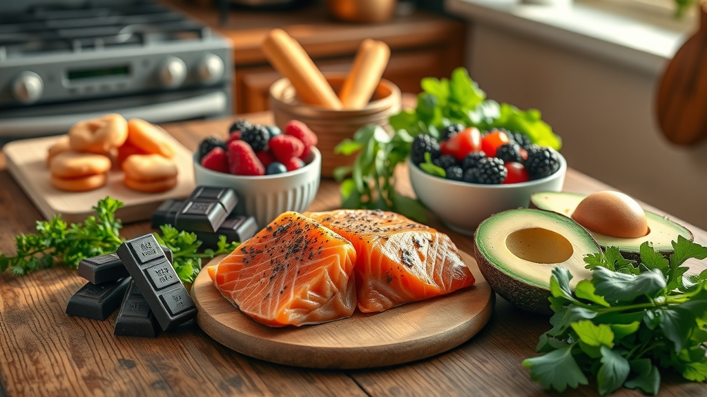 vibrant stress-busting foods dark chocolate salmon berries avocado leafy greens on table