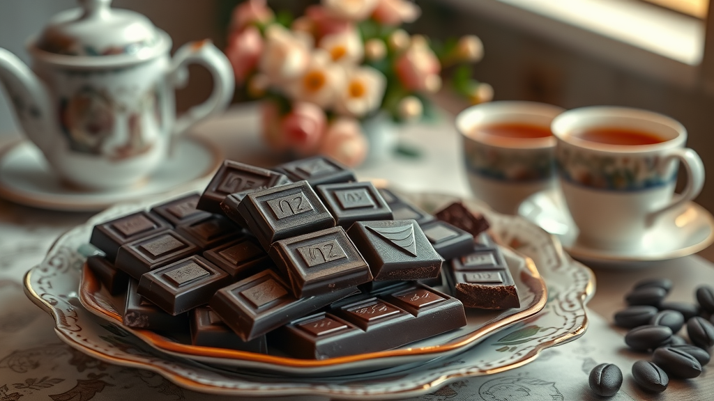 dark chocolate stress relief plate with tea, stress-busting snack