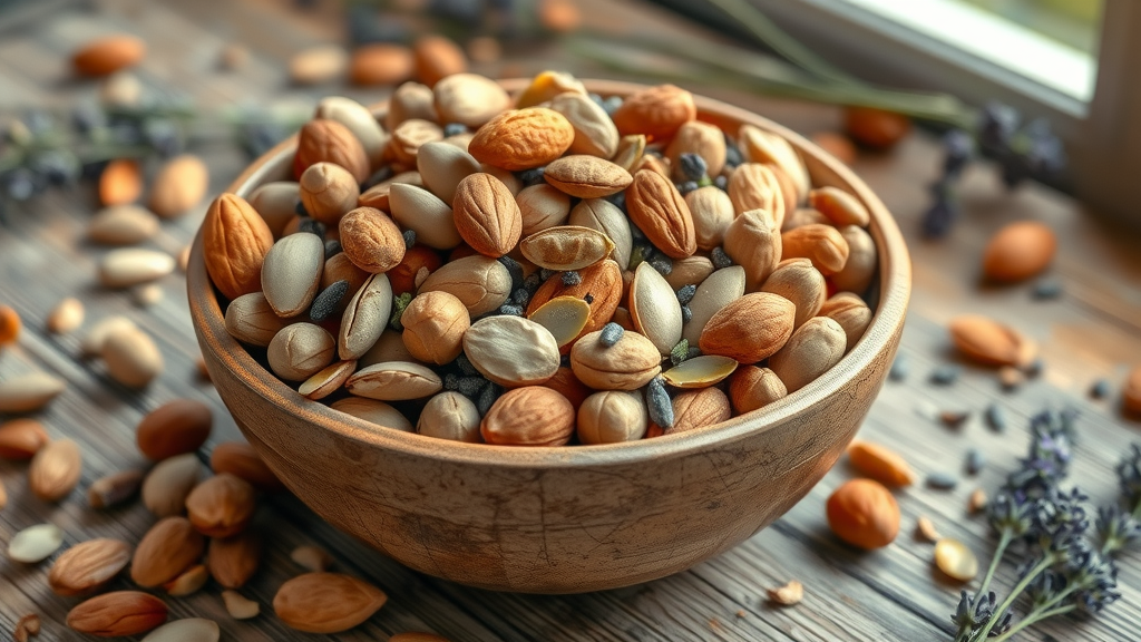 nuts and seeds for stress relief, almonds walnuts chia pumpkin relaxing snack