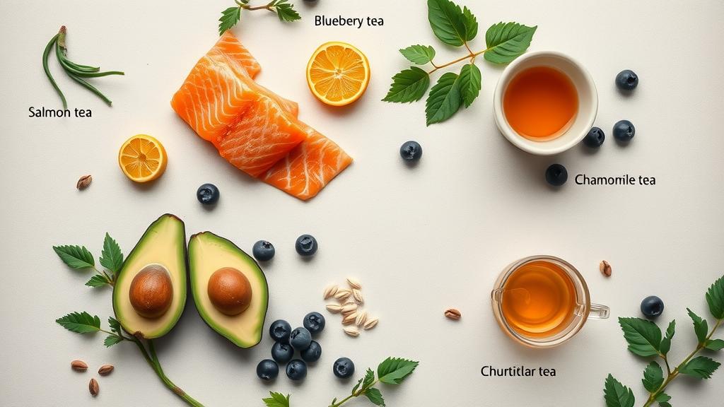 serene top stress-busting foods salmon avocado blueberries chamomile tea
