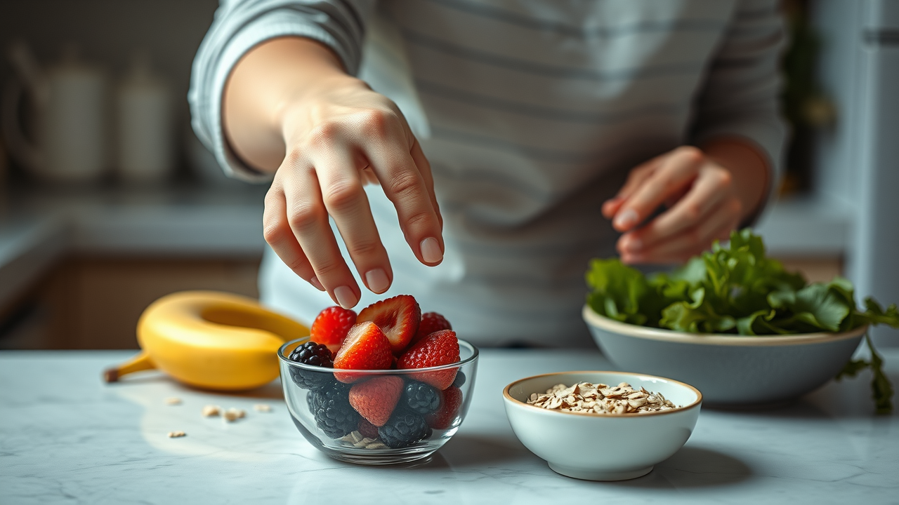 person reaching healthy snack stress-busting banana berries oats greens