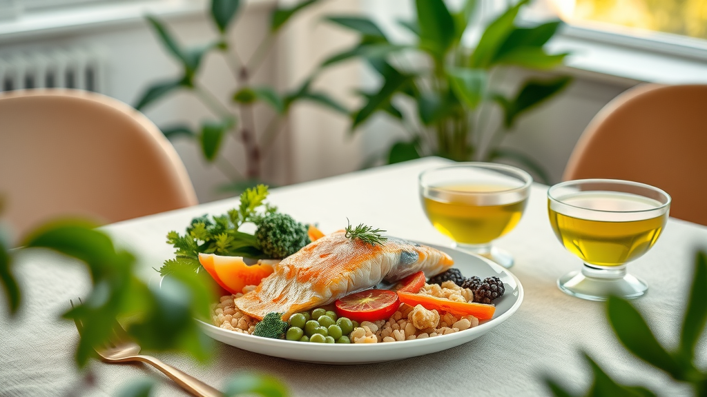 balanced meal stress-busting foods fatty fish greens whole grains green tea