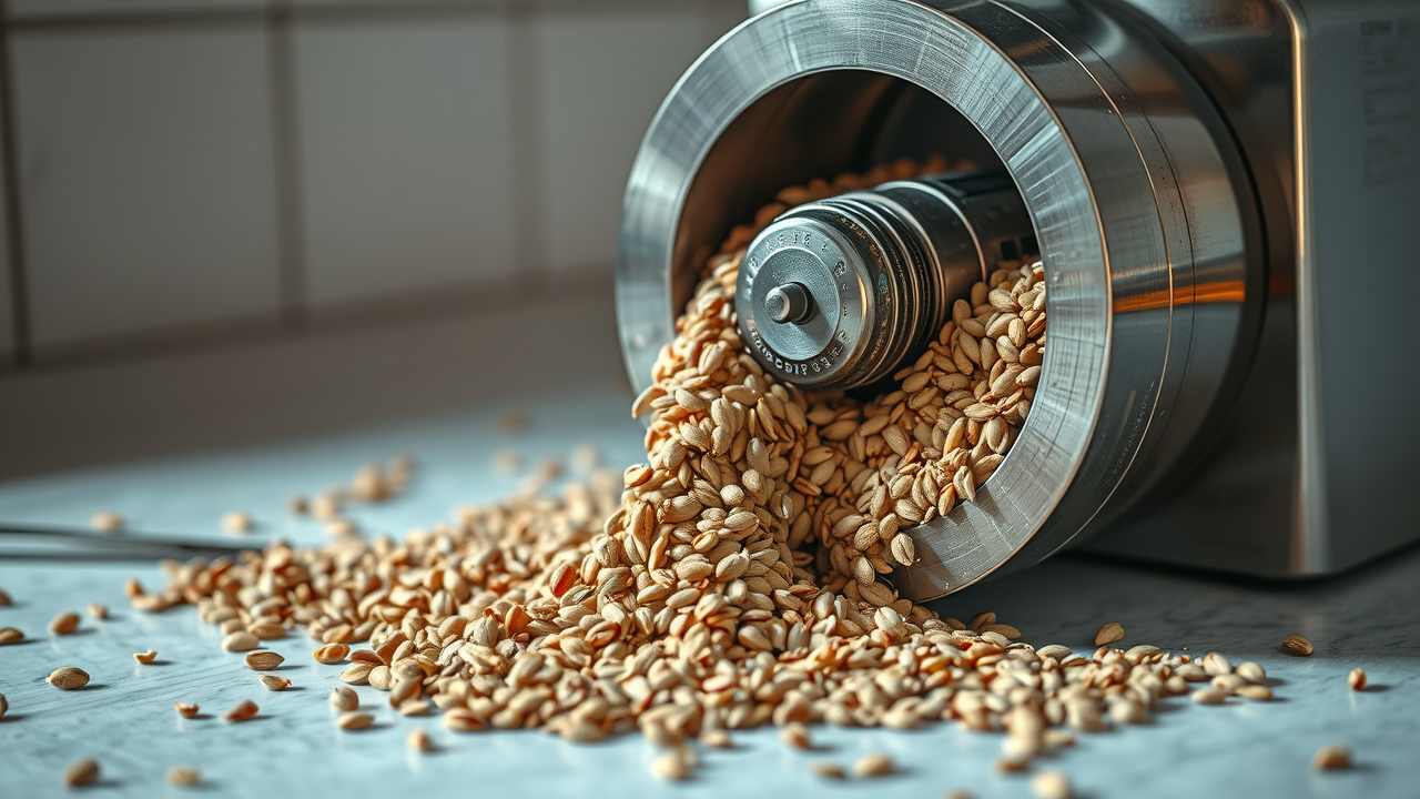 Steel grinder breaking whole flax seeds into coarse flax meal on a kitchen countertop, demonstrating the production process of flax meal and ground flaxseed.