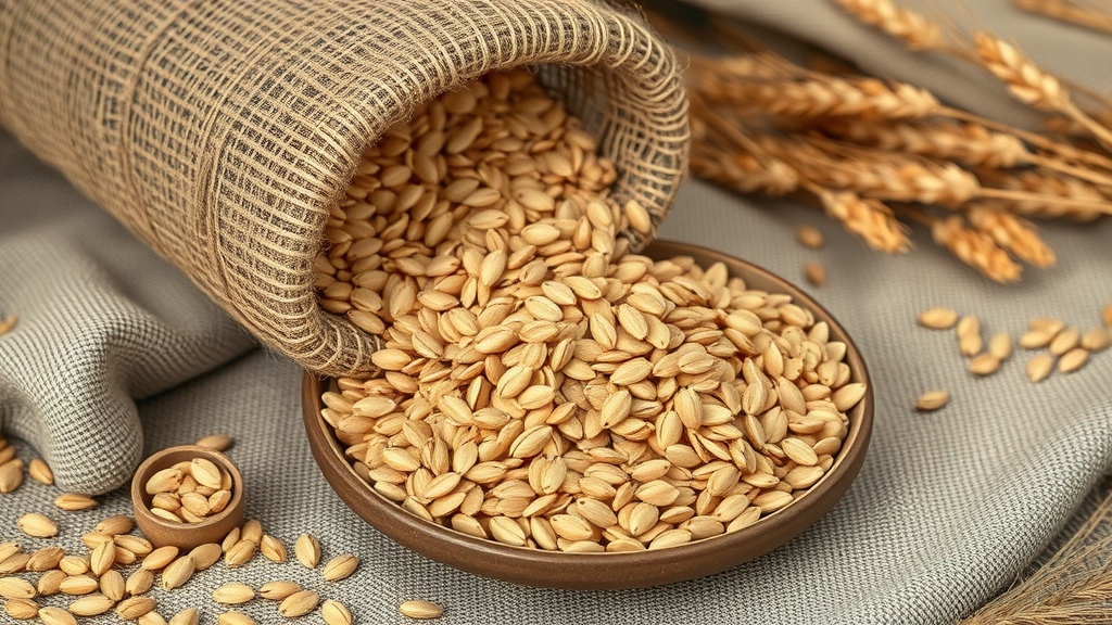 Whole brown flax seeds spilling from a burlap sack onto a ceramic plate, representing the natural origins of flaxseed, ground flaxseed, and flax meal.