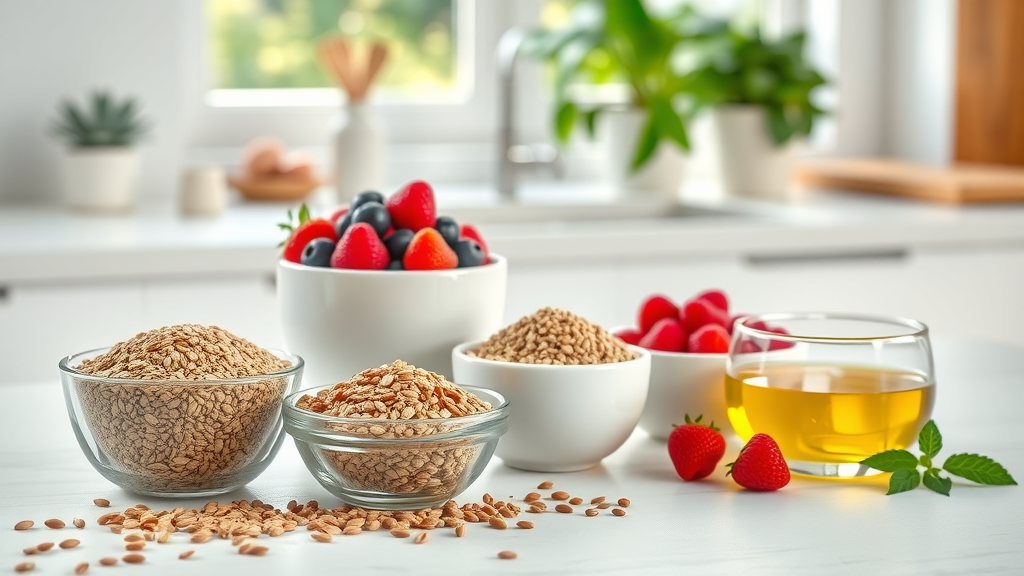 Bowls of flaxseed, flax meal, and ground flax with fresh berries and a small glass of flaxseed oil in a bright kitchen, showcasing nutritional health benefits.