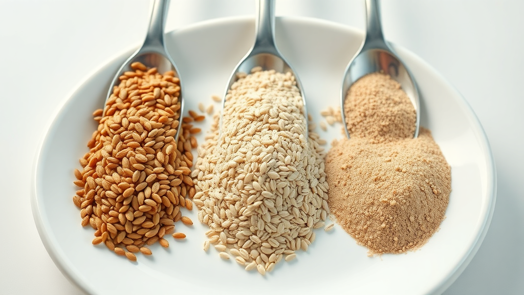 Spoonfuls of whole flaxseed, flax meal, and ground flaxseed on white plates, illustrating the differences for recipe substitutions.