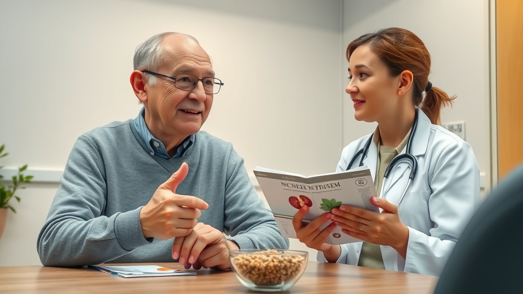 Elderly patient consulting a nutritionist, with kidney health pamphlets and a bowl of flaxseed on the table, covering the question of flaxseed safety for dialysis patients.