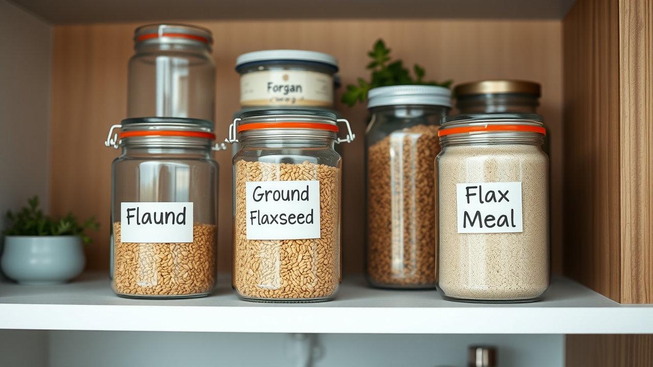 Airtight glass containers labeled for ground flaxseed and flax meal in an organized pantry, ensuring freshness and quality of flax products.
