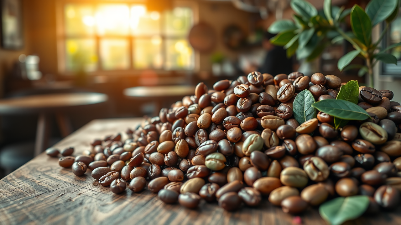 fresh coffee beans and green coffee beans demonstrating the benefits of chlorogenic acid on a rustic wooden table
