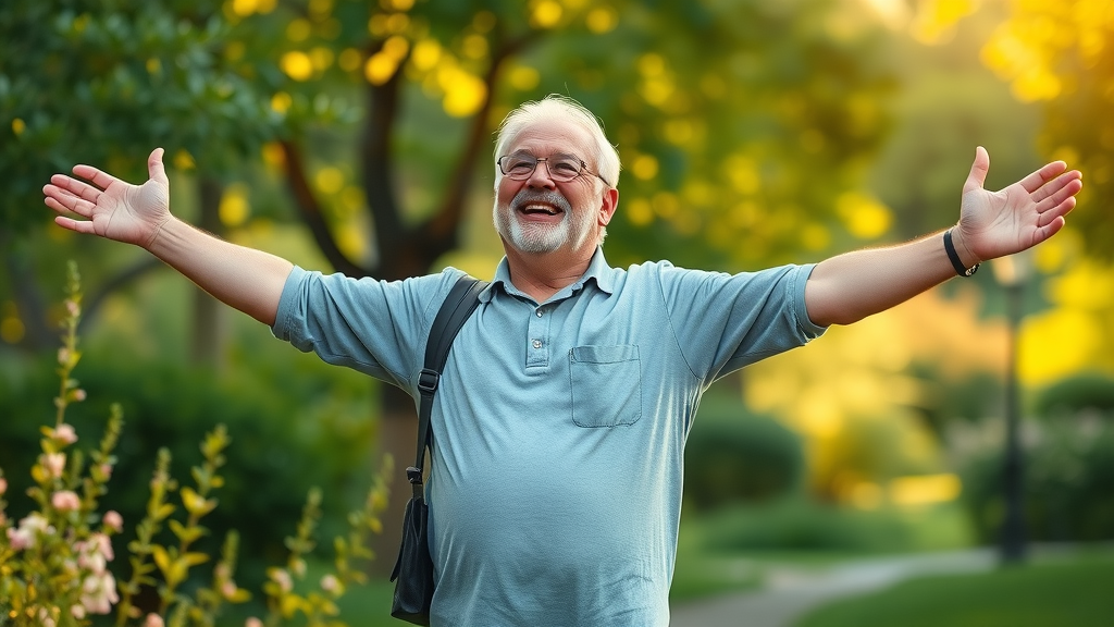 happy man benefits from chlorogenic acid for improved mood in a lush park