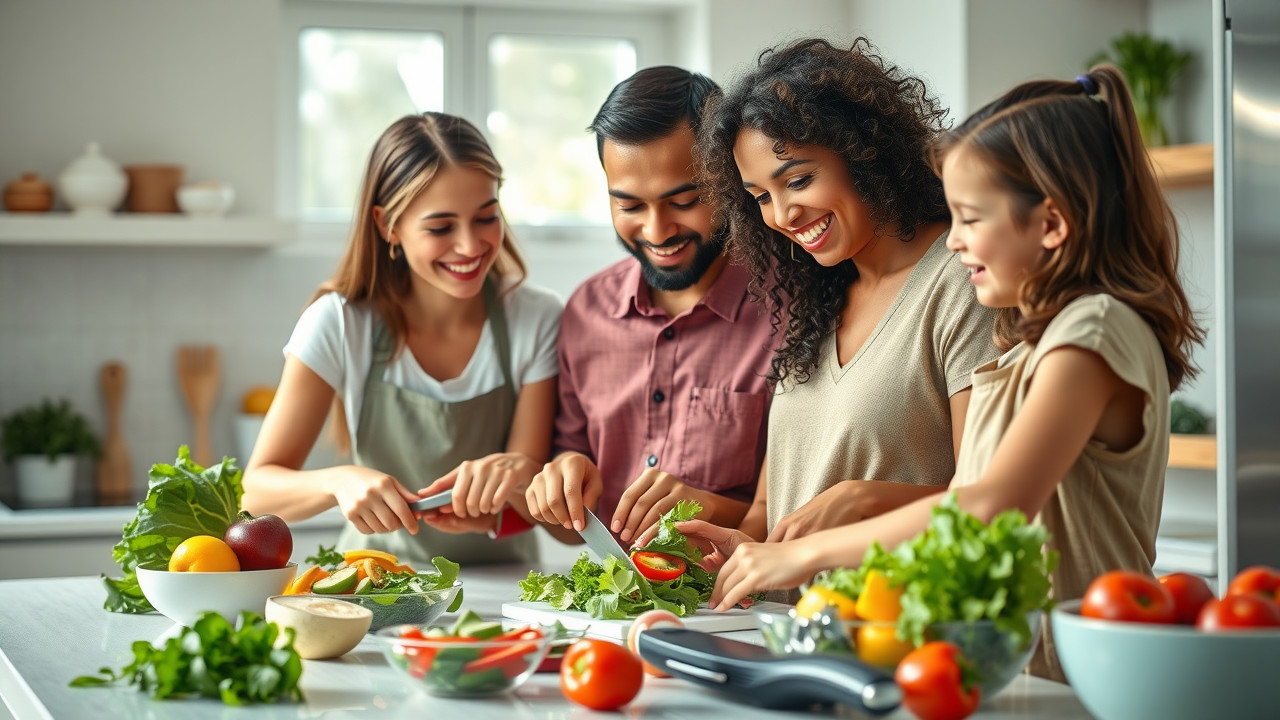 family enjoying a diet rich in chlorogenic acid with a fresh salad in the kitchen