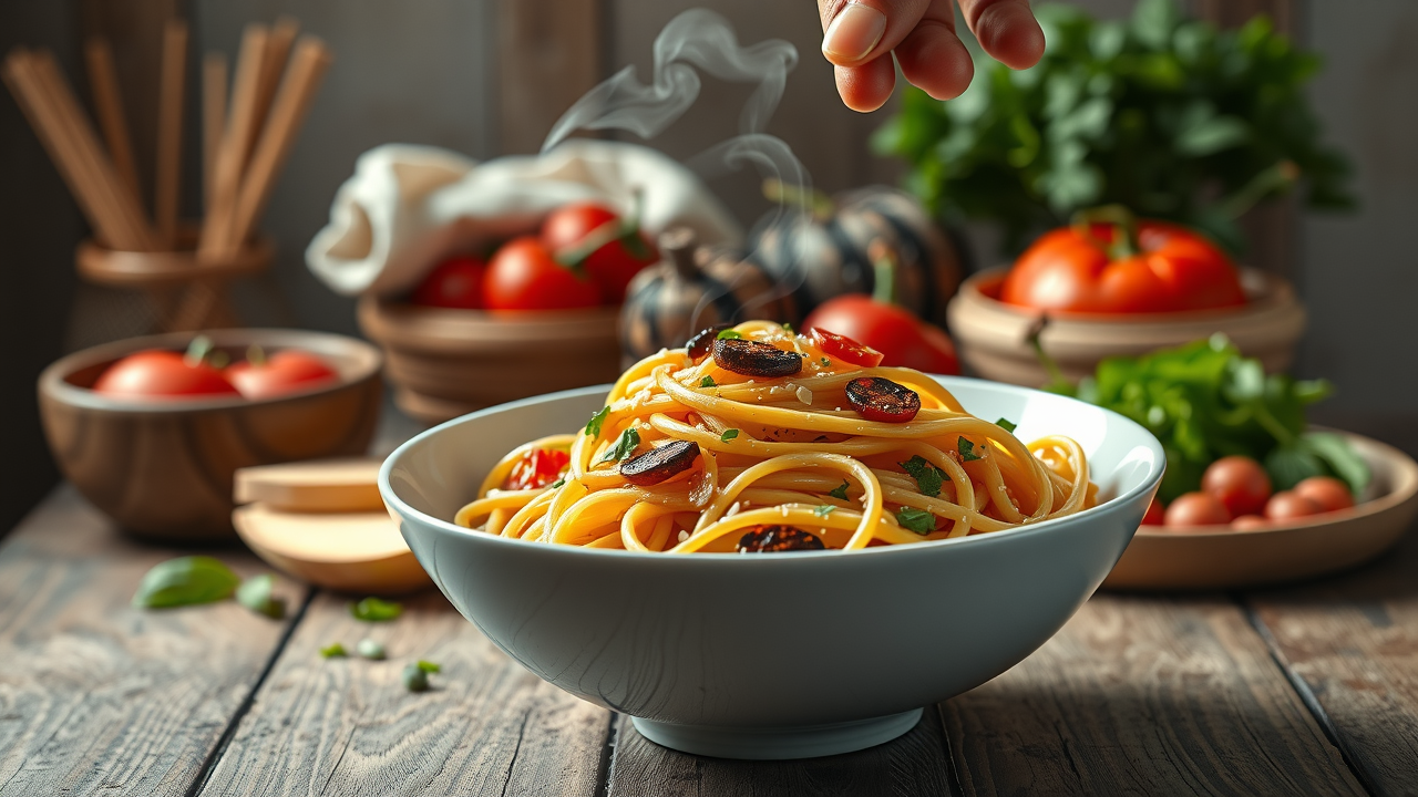 modern bowl of protein pasta, inviting, person about to eat, photorealistic high fidelity lifelike, set on a rustic wooden table with fresh ingredients in the background, highly detailed, steam rising from the pasta, vibrant colors, warm natural light, shot with a 50mm camera lens