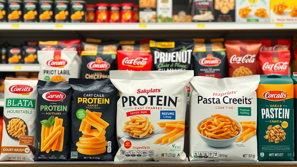 assortment of popular protein pasta brands, neutral expressions, neatly displayed, photorealistic high fidelity lifelike, store shelf background, highly detailed, packaging with clear ingredient visuals, natural colors, balanced soft lighting, shot with a 35mm camera lens