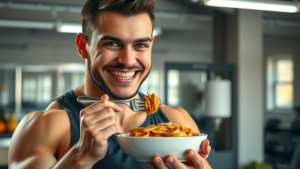 athletic person enjoying protein pasta post-workout, satisfied expression, holding fork with pasta, photorealistic high fidelity lifelike, gym or active kitchen background, highly detailed, sweat and fitness gear, balanced color tones, bright overhead lighting, shot with a 50mm camera lens