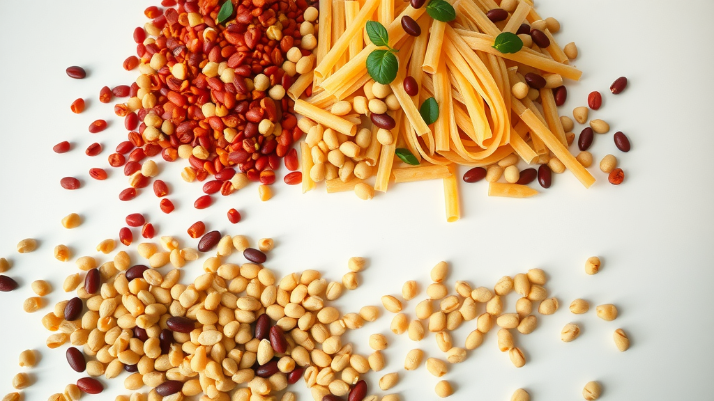 colorful display of red lentil, chickpea, and bean-based pastas, cheerful presentation, arranged for comparison, photorealistic high fidelity lifelike, clean white countertop with natural legume ingredients, highly detailed, scattered dried beans and grains, natural earth tones, daylight lighting, shot with a macro lens