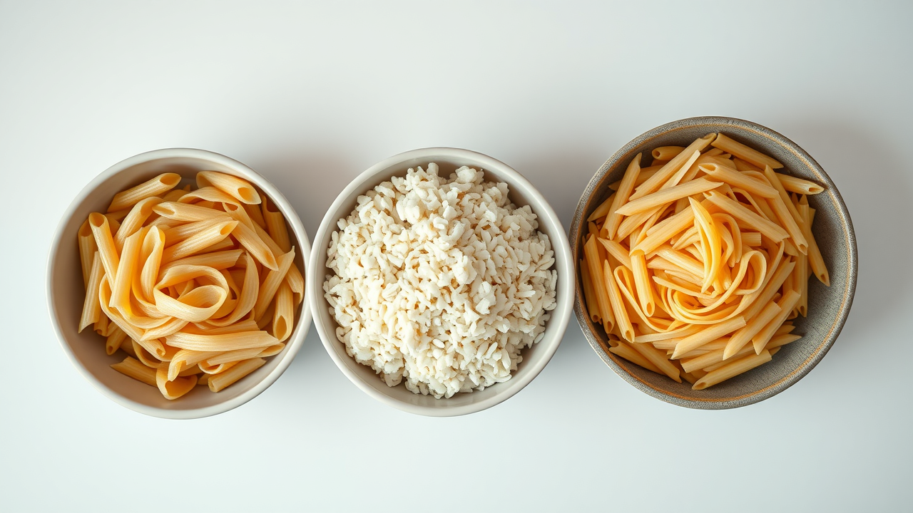 side-by-side comparison of cooked protein pasta, rice, and regular pasta, neutral expression, top-down view, photorealistic high fidelity lifelike, minimalist dining table background, highly detailed, bowls neatly labeled by contents, natural neutral tones, soft studio lighting, shot with a 35mm camera lens