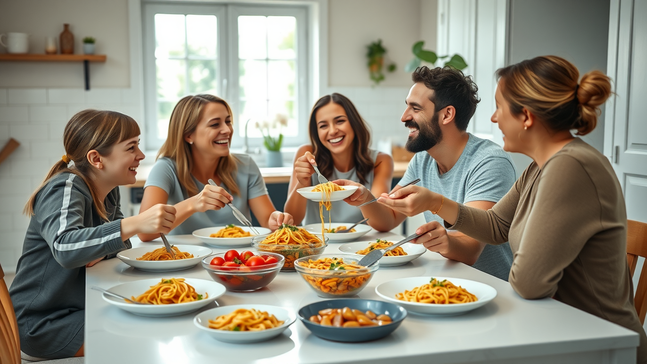 healthy family enjoying a meal with protein pasta, joyful expressions, passing dishes around dinner table, photorealistic high fidelity lifelike, bright home kitchen environment with abundant daylight, highly detailed, laughter and casual movement, rich natural colors, soft window lighting, shot with an 85mm camera lens