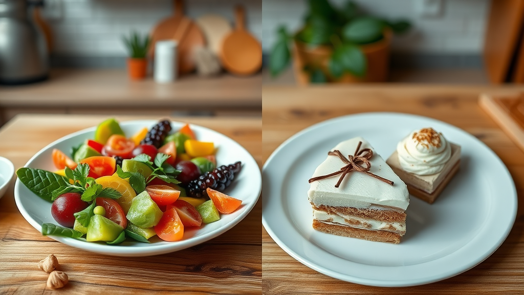 Split-screen with vibrant healthy food and indulgent desserts, comparing emotional hunger triggers to physical hunger. Visual cue for difference between emotional and physical hunger.