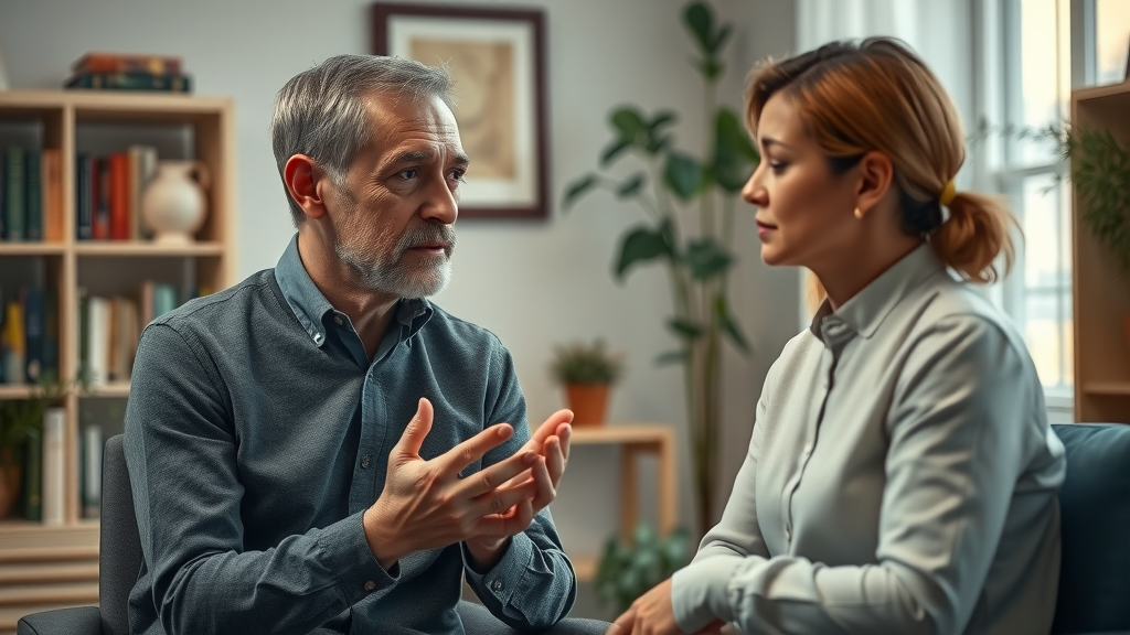 Serious conversation between a psychologist and a patient, addressing emotional eating in the context of eating disorders. Supportive and empathetic private office setting.
