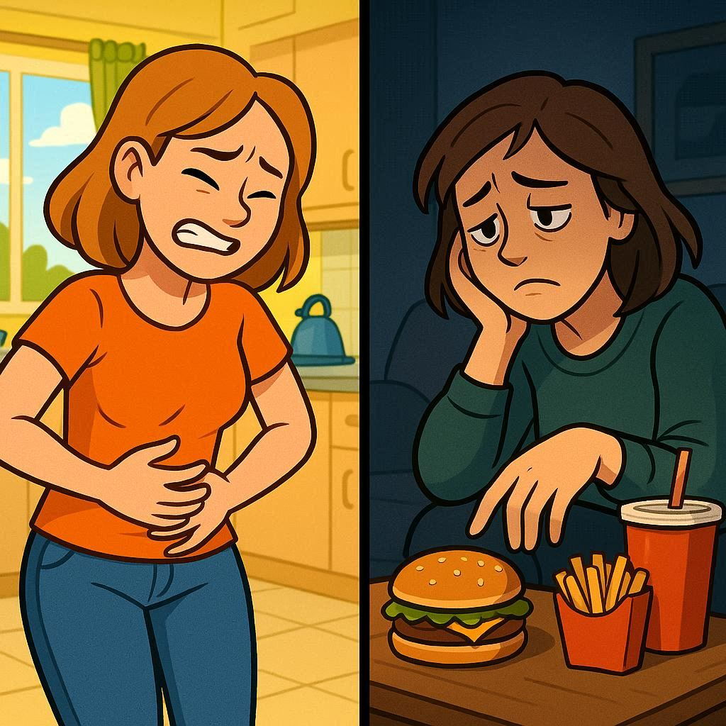 side-by-side depiction: one person holding their stomach, another person reaching for comfort food while looking sad, clear contrast in facial expressions, Cartoon 2D style
