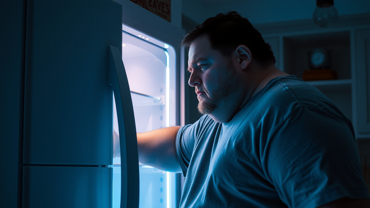 Melancholic adult standing at a fridge in a dimly lit kitchen, seeking comfort food at night—a visual example of emotional eating