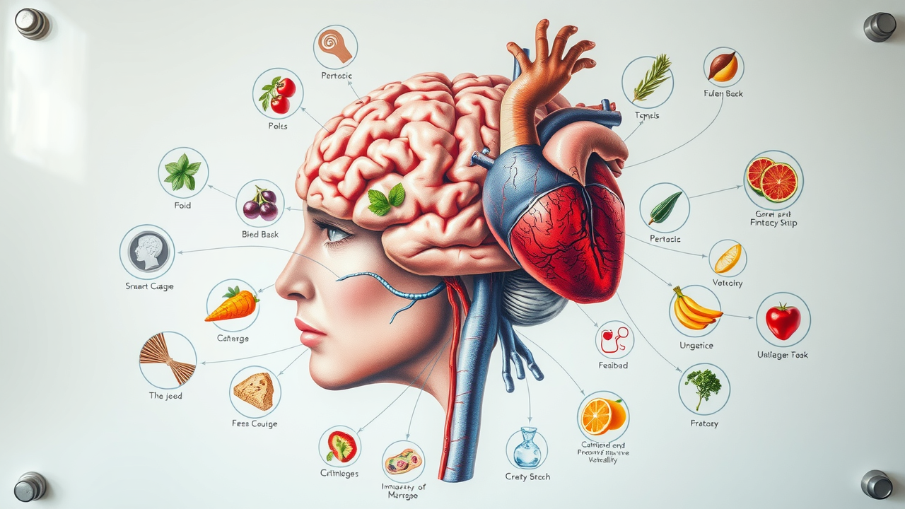 Anatomical illustration: brain and heart linked with food icons, symbolizing the mind-body connection in emotional eating.