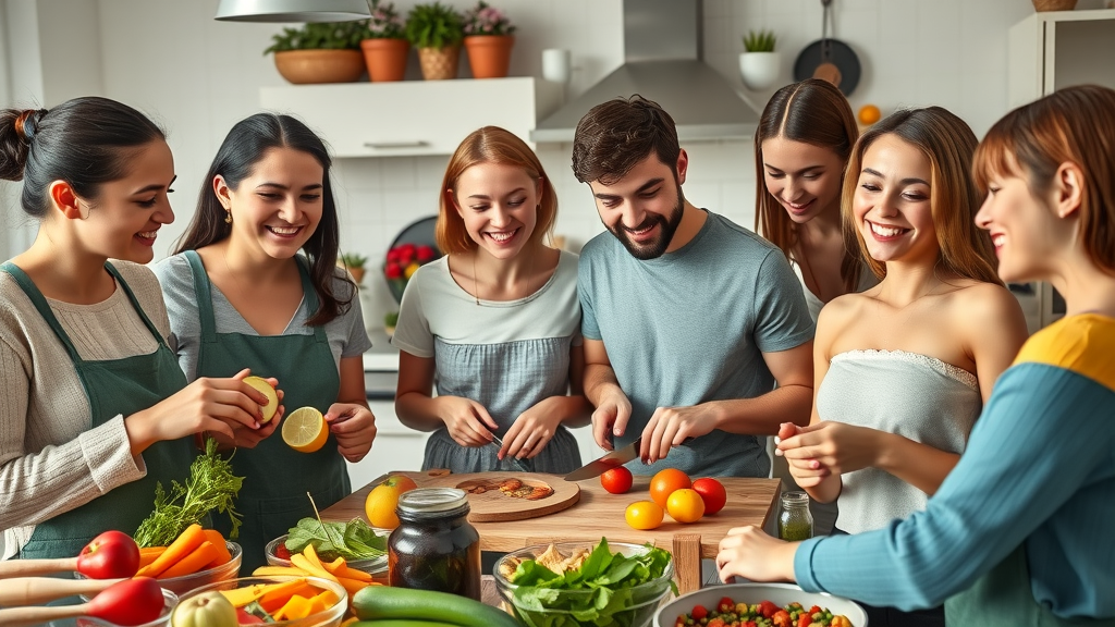 Group of friends preparing healthy snacks together, focusing on mindful eating and positive support against emotional eating.