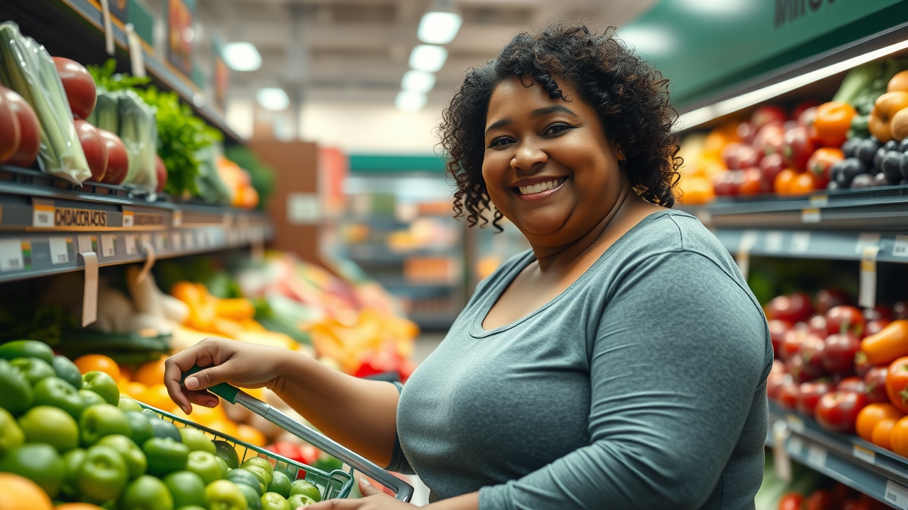 Confident adult shopping for healthy groceries, strengthening positive eating habits and staying in control of emotional eating.
