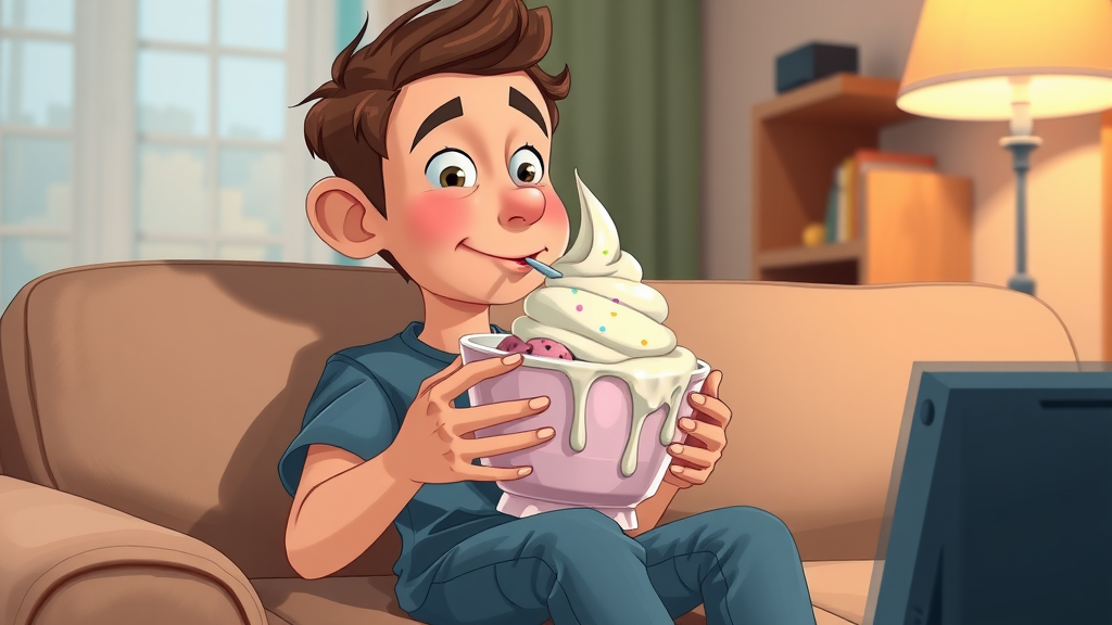 Cartoon of person on sofa with large ice cream bowl, emotional eating while watching TV after a stressful day.