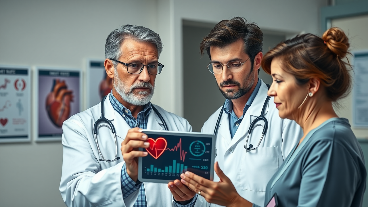 concerned doctors showing patient heart health statistics and heart attack risk factors, photorealistic clinic setting