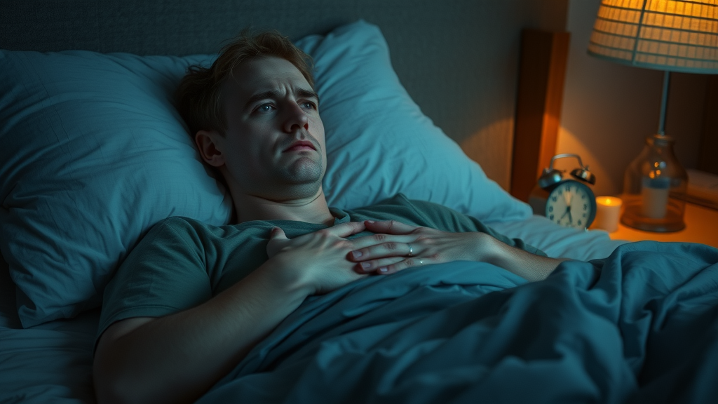 tired adult worried about heart attack risk factors, lying awake at night—linking sleep disorders and cardiovascular risk