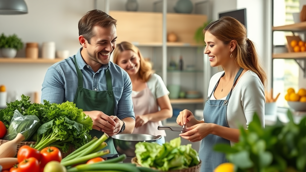 happy family preparing heart-healthy meal to reduce heart attack risk factors, vibrant kitchen, American Heart Association lifestyle tips