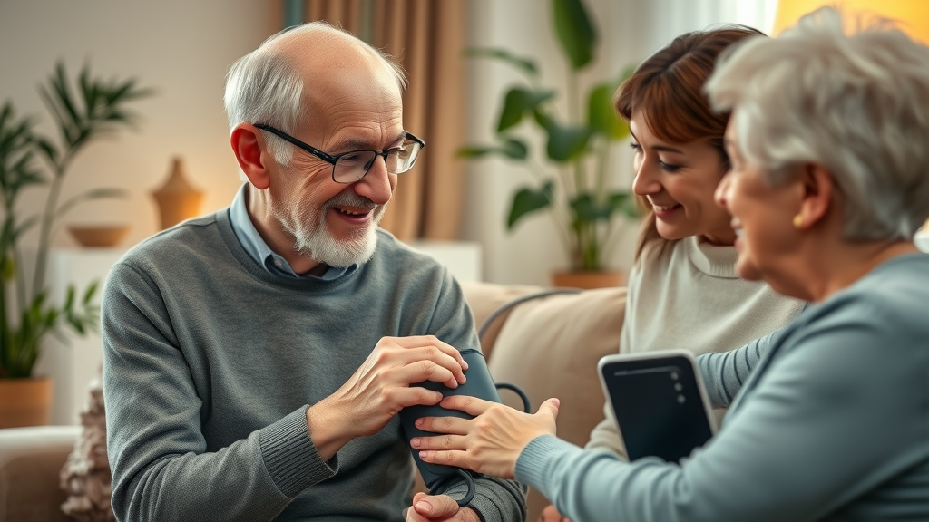 elderly person monitoring blood pressure at home for heart attack risk reduction, family support, American Heart Association advice