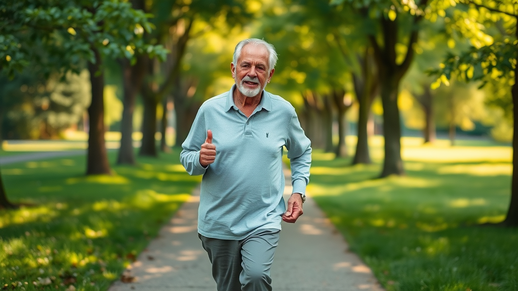 motivated adult walking for heart health, reducing heart attack risk factors, sunrise in tree-lined park