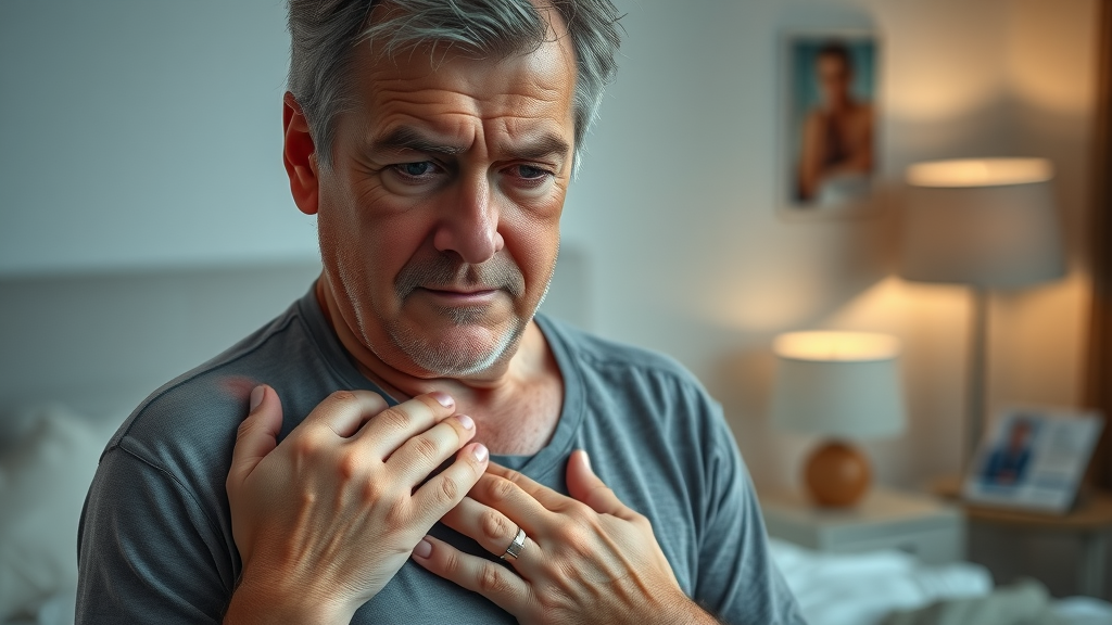 Middle-aged person checking a small spot on their shoulder for signs of skin cancer during self-exam in a bedroom