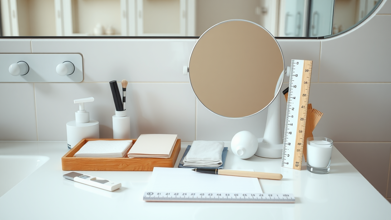 Organized vanity setup with skin care self-exam tools like a mirror, notepad, and ruler for effective screening