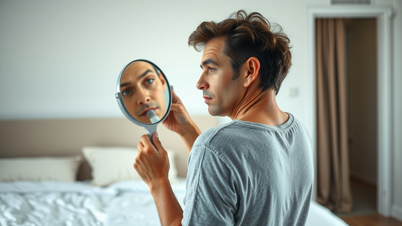 Adult using a hand mirror to examine the back of their leg for signs of skin cancer during a self-exam