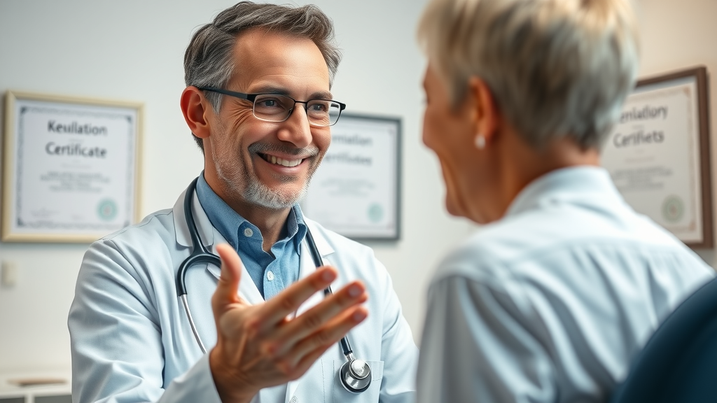 Professional dermatologist reassuring a patient after a skin care self-exam in a modern clinical setting