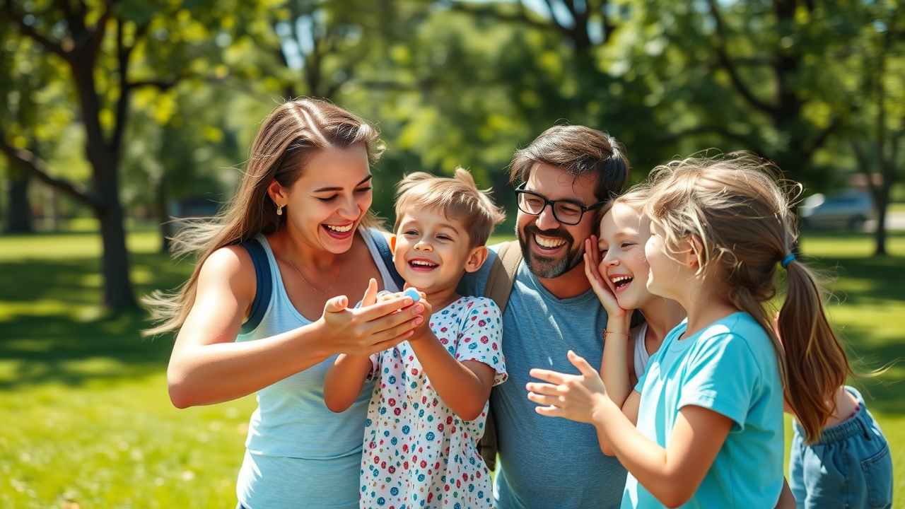 Family applying sunscreen to children before outdoor activities as part of healthy skin care self-exam routine to reduce risk of skin cancer