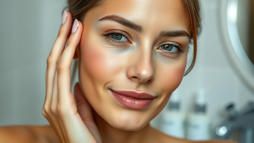 Woman with healthy, slightly shiny oily skin gently touching her face, ideal for skin care for oily skin