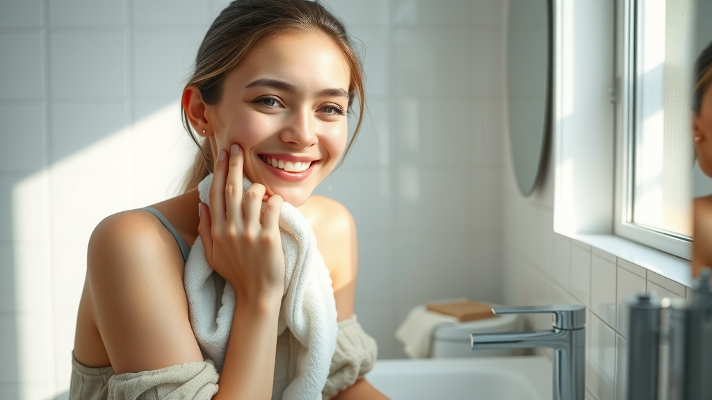 Woman cleansing her face in the morning routine for oily skin, using gentle products for oily skin