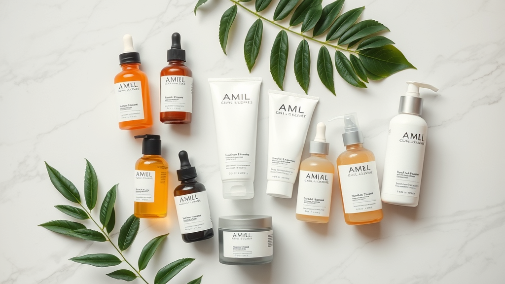Flat lay of AM skin care products for oily skin type on marble background