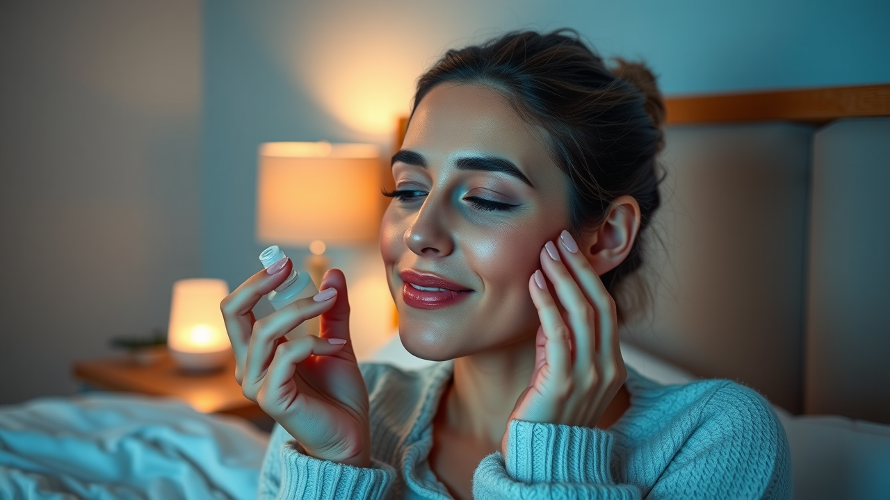 Woman applying serum in evening skin care for oily skin routine