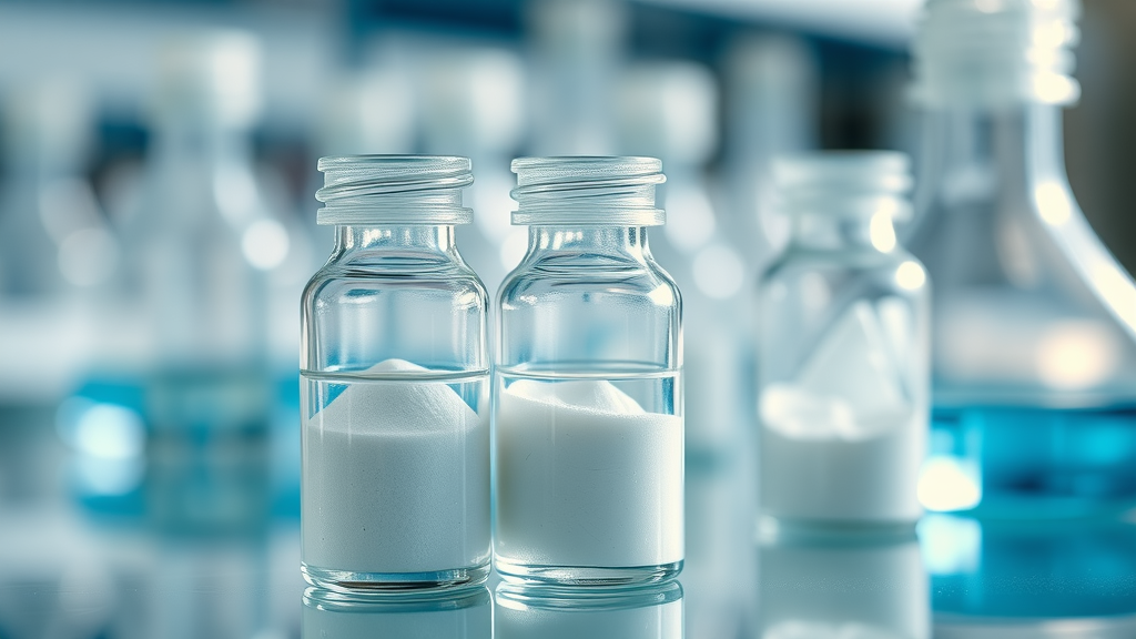 Close up of salicylic acid, niacinamide, and clay key ingredients for oily skin care in glass vials