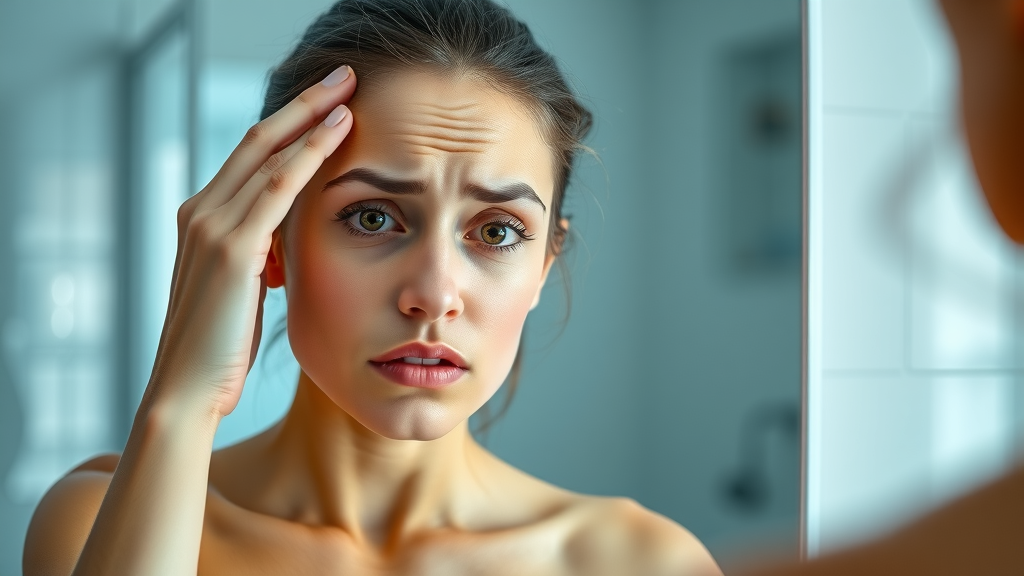 Woman examining her oily skin in the mirror, concerned about her skin care for oily skin routine