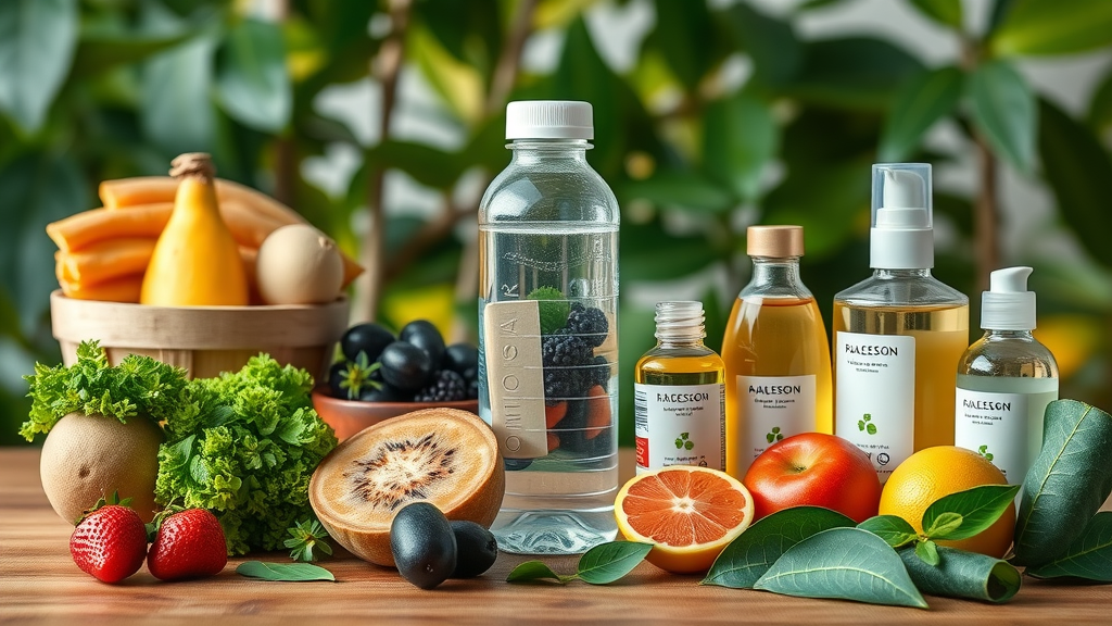 Healthy snacks, water bottle, and oily skin care products together for supporting fast clear skin