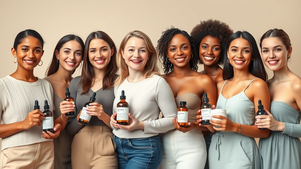 Diverse group of women holding skin care products for oily skin, suitable for females