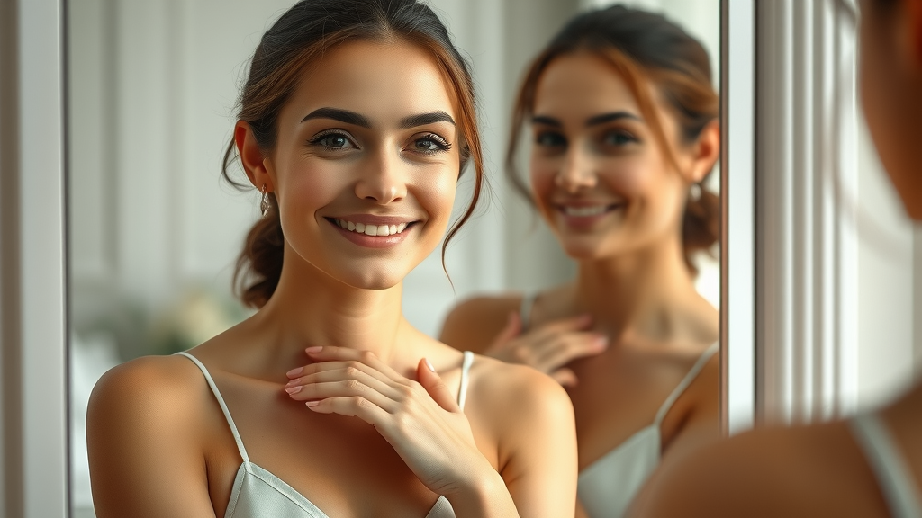 Empowered woman with a fresh, matte complexion looking confidently in the mirror after following skin care for oily skin routine